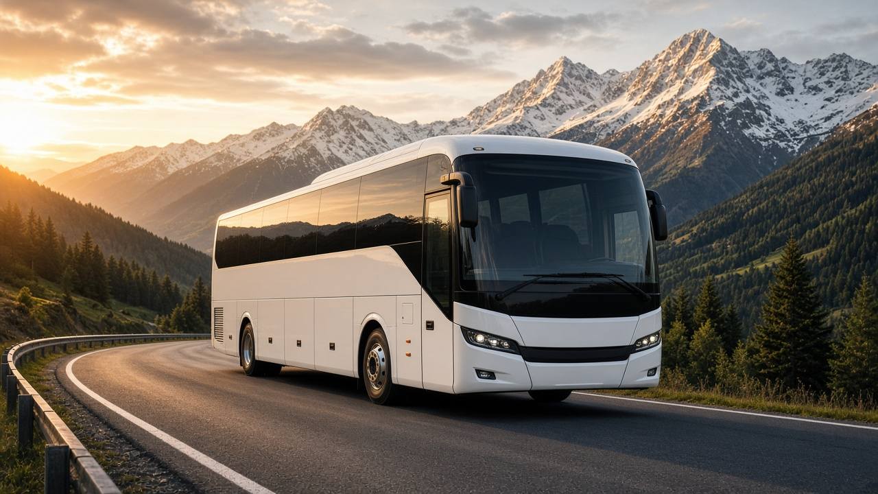 Weißer Reisebus auf einer Alpenstraße