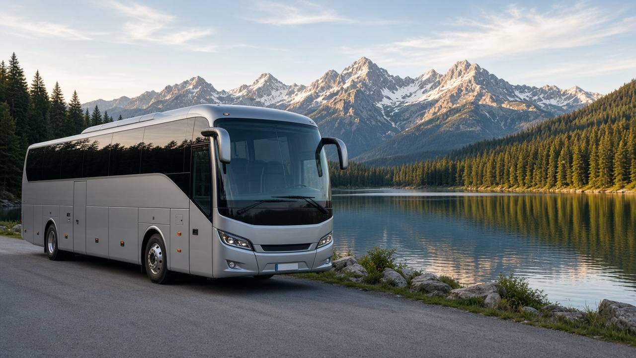 Reisebus an einem Bergsee
